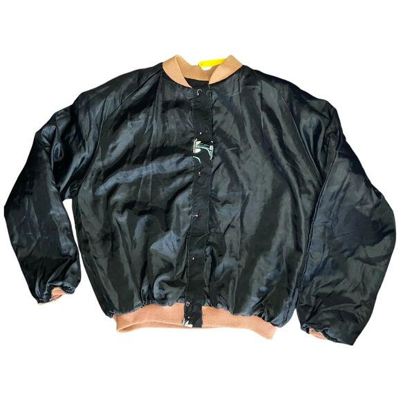 Vtg Black bomber jacket buttons flamingos lily pad flowers printed Size Medium M - Picture 16 of 16